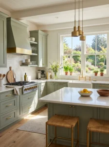 Soft sage green kitchen cabinets with brass hardware