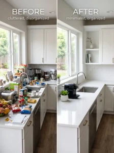 Before and after kitchen decluttering with organized countertops