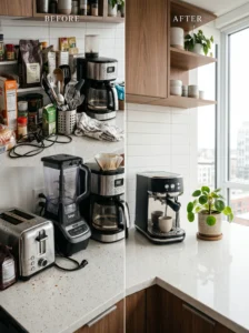 Before and after decluttering a small kitchen countertop
