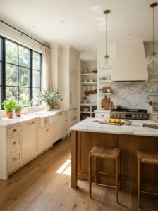 Timeless warm white kitchen cabinets in bright modern kitchen
