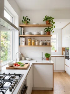 Best placement of open shelving away from the kitchen stove