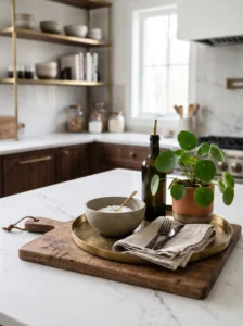 Kitchen island styled with wood ceramic metal and greenery