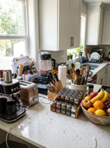 Visual clutter on a kitchen countertop with many appliances