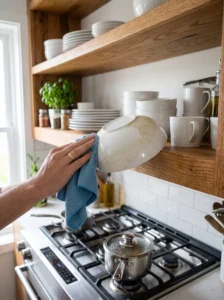 Cleaning grease from open kitchen shelves near the stove
