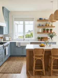 Soft blue kitchen cabinets with coastal style decor