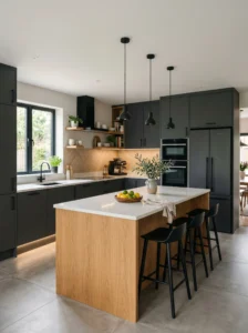 Contemporary kitchen with charcoal gray cabinets, warm wood accents, matte finish