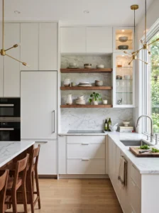 Modern kitchen balancing open shelves and closed cabinet storage