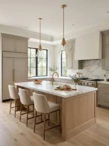 Neutral kitchen cabinets paired with marble countertops