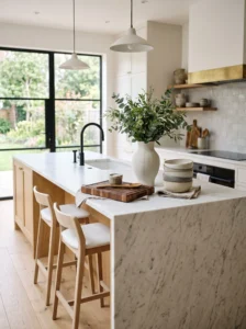 Kitchen island decorated using the rule of three