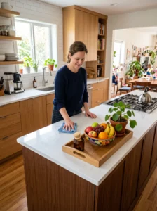 Cleaning and organizing a modern kitchen island