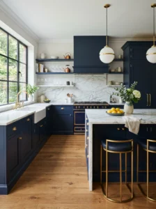 Luxury navy blue kitchen cabinets with gold hardware