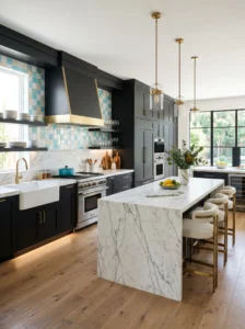 Olive green kitchen cabinets with brass fixtures