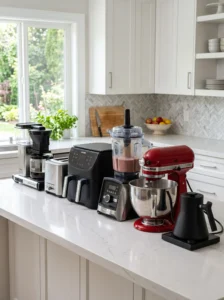 Kitchen countertop crowded with small appliances creating clutter