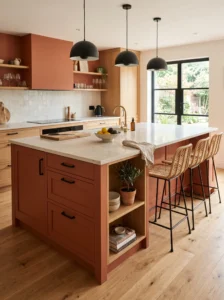 Terracotta kitchen island with modern black hardware