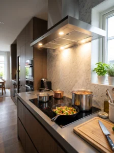 Bright range hood lighting above a kitchen stove