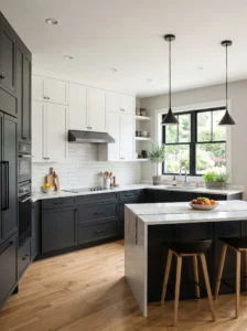 White upper cabinets and dark lower cabinets in modern kitchen