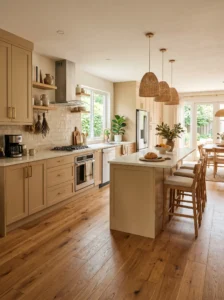Warm wood floors matched with warm kitchen cabinet colors