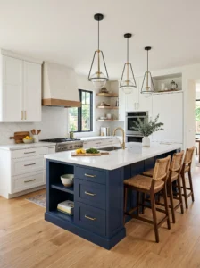 White kitchen with contrasting navy blue island