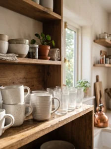 Dust collecting on dishes stored on open kitchen shelves