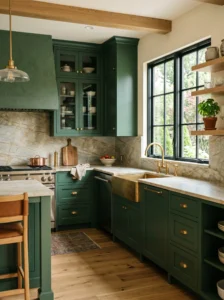 Forest green kitchen cabinets with brass hardware and stone countertops