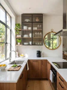 Mirror reflecting natural light in a small kitchen