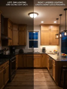 Kitchen with one ceiling light compared to layered lighting