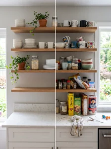 Comparison of styled open kitchen shelves versus everyday real life kitchen