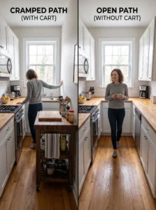 Oversized kitchen cart making a small kitchen feel cramped