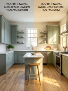 Homeowner comparing kitchen cabinet paint colors at a paint store