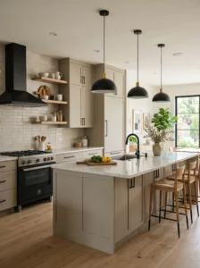 Stylish kitchen featuring greige kitchen cabinets, neutral color palette, modern decor