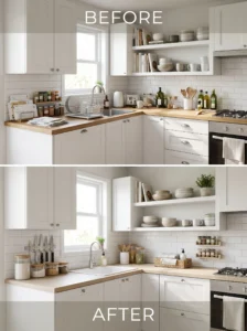 Vertical Pinterest style image of a beautiful small modern kitchen before and after organization, bright white cabinets, natural sunlight, clutter-free countertops, Scandinavian design, ultra realistic interior photography, luxury editorial style, 2:3 aspect ratio, space for text overlay, 8K.