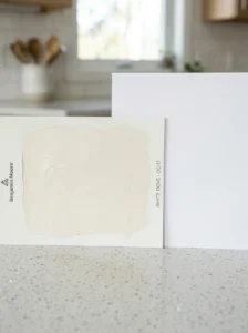 Testing cabinet paint undertones with white paper in kitchen lighting