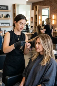 Alt Text: Hairstylist answering questions about coloring hair safely.