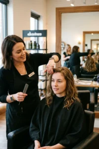 Hair stylist answering common questions about getting bangs.
