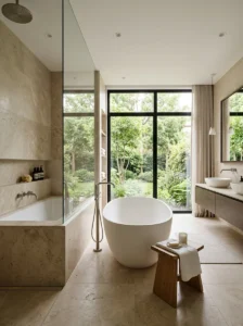Freestanding bathtub in a modern luxury bathroom showing spacious layout.