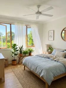Fresh air and comfortable room temperature contribute to a calming bedroom.