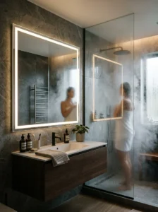 Anti fog bathroom mirror during a hot shower