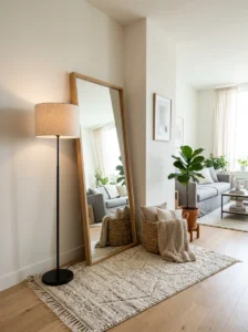 Alt Text: Modern apartment corner styled with a mirror.