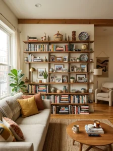 Personal decorative items adding character to a rental living room