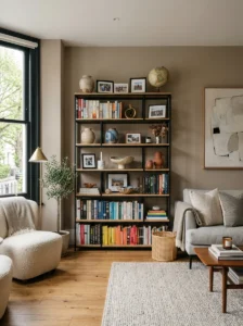 Freestanding bookshelf decorating a rental living room