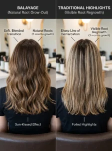Alt Text: Balayage and highlights compared during hair regrowth.