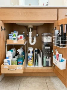 Organized under sink bathroom cabinet with pull out storage