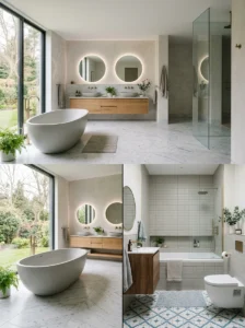 Freestanding bathtub compared with a built-in bathtub in different bathroom layouts