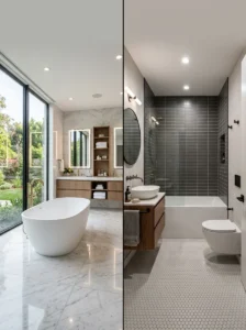 Freestanding bathtub compared with a built-in bathtub in different bathroom layouts