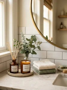 Bathroom styled with a reed diffuser candle and eucalyptus