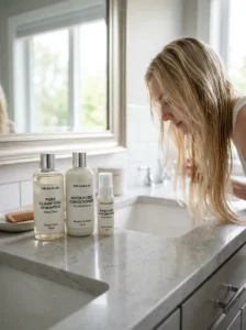 Alt Text: Clarifying shampoo and lightweight products for fine hair.