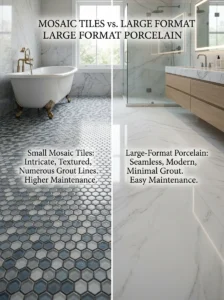 White grout compared with gray epoxy grout in a bathroom