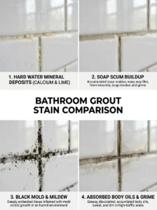 Different causes of bathroom grout discoloration.