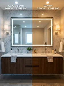 Comparison between cool and warm bathroom lighting.