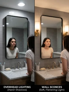 Bathroom mirror lighting comparison with sconces and overhead light